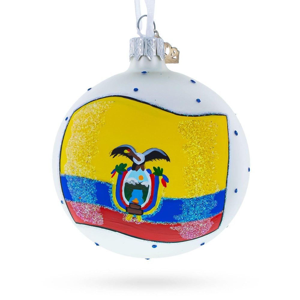 Flag Of Ecuador Blown Glass Ball Christmas Ornament 3.25 Inches  |   Flags Flags Flags