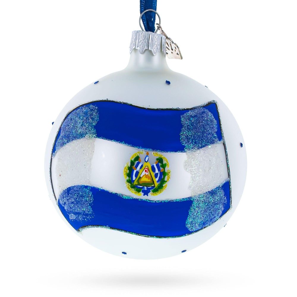 Flag Of El Salvador Blown Glass Ball Christmas Ornament 3.25 Inches  |   Flags Flags Flags