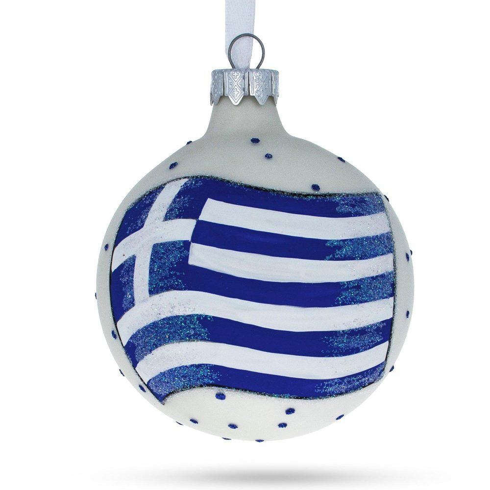 Flag Of Greece Blown Glass Ball Christmas Ornament 3.25 Inches  |   Flags Flags Flags