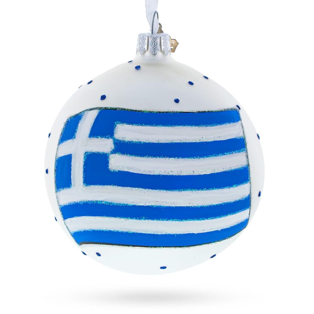 Flag Of Greece Blown Glass Ball Christmas Ornament 4 Inches  |   Flags Flags Flags