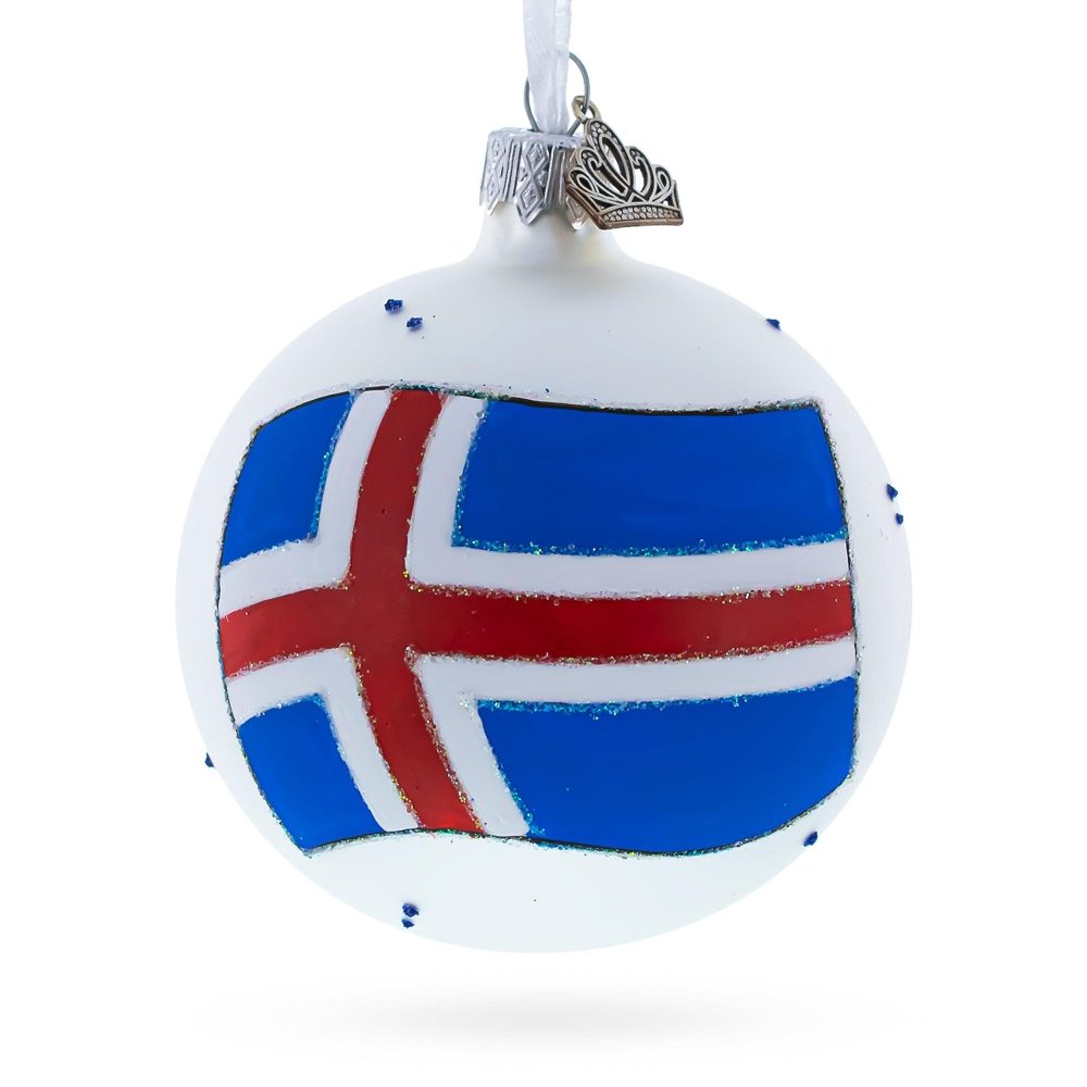 Flag Of Iceland Blown Glass Ball Christmas Ornament 3.25 Inches  |   Flags Flags Flags