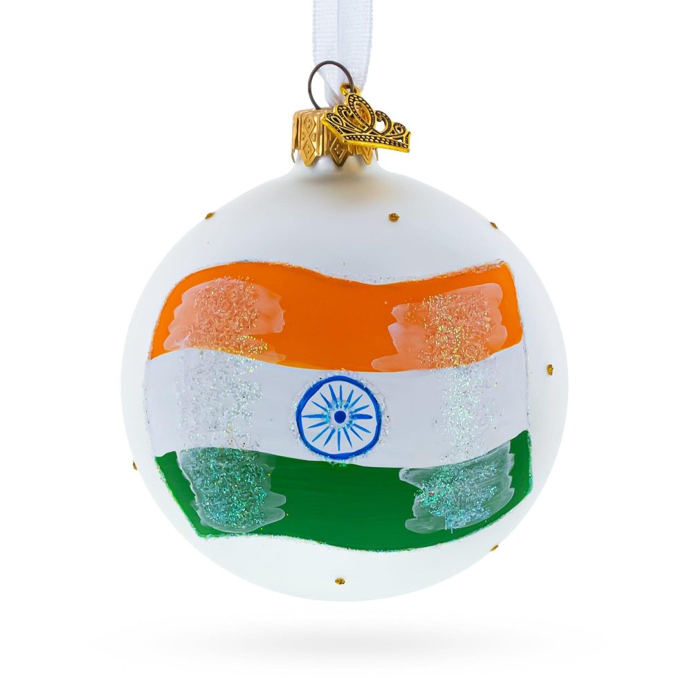 Flag Of India Blown Glass Ball Christmas Ornament 3.25 Inches  |   Flags Flags Flags