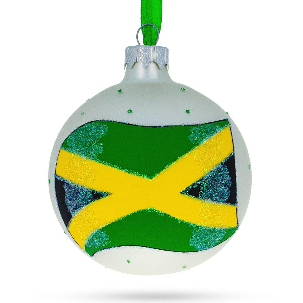 Flag Of Jamaica Blown Glass Ball Christmas Ornament 3.25 Inches  |   Flags Flags Flags