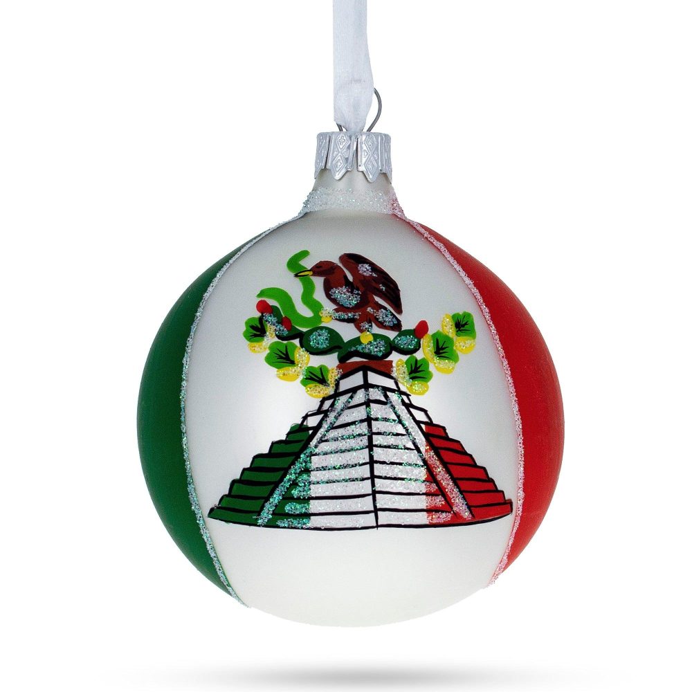 Flag Of Mexico Blown Glass Ball Christmas Ornament 3.25 Inches  |   Flags Flags Flags