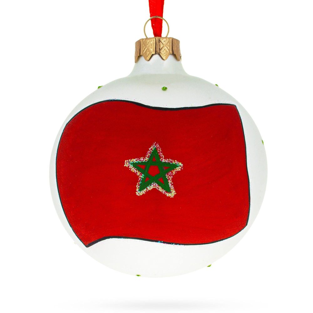 Flag Of Morocco Blown Glass Ball Christmas Ornament 3.25 Inches  |   Flags Flags Flags