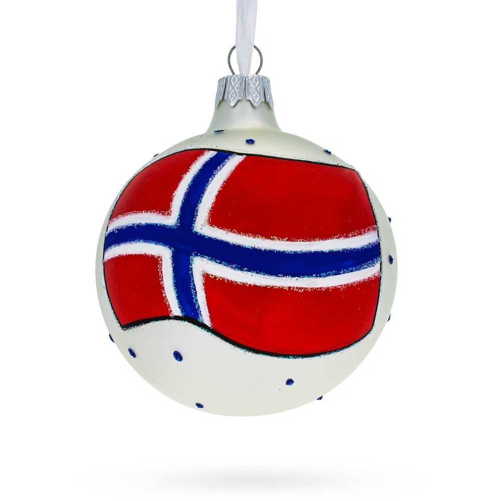 Flag Of Norway Blown Glass Ball Christmas Ornament 3.25 Inches  |   Flags Flags Flags