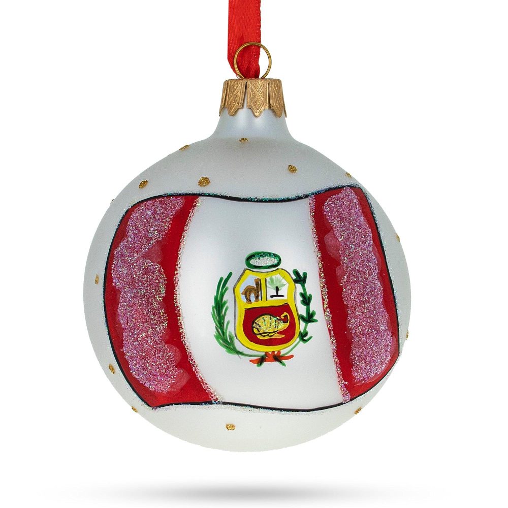 Flag Of Peru Blown Glass Ball Christmas Ornament 3.25 Inches  |   Flags Flags Flags