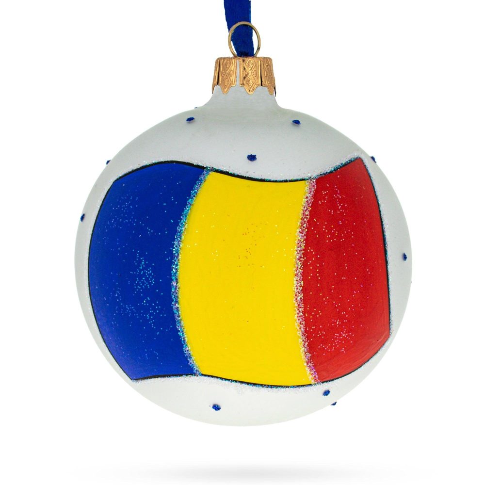 Flag Of Romania Blown Glass Ball Christmas Ornament 3.25 Inches  |   Flags Flags Flags