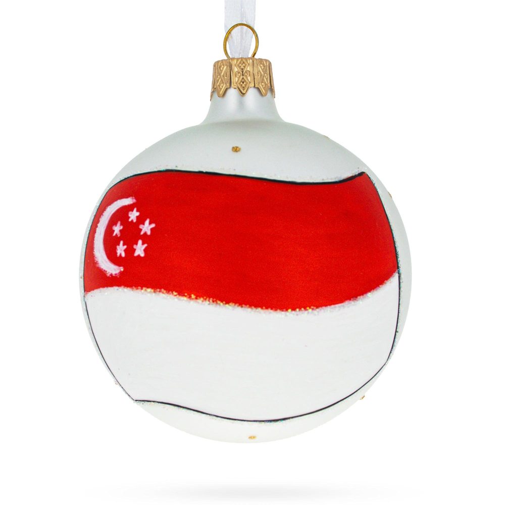 Flag Of Singapore  Blown Glass Ball Christmas Ornament 3.25 Inches  |   Flags Flags Flags