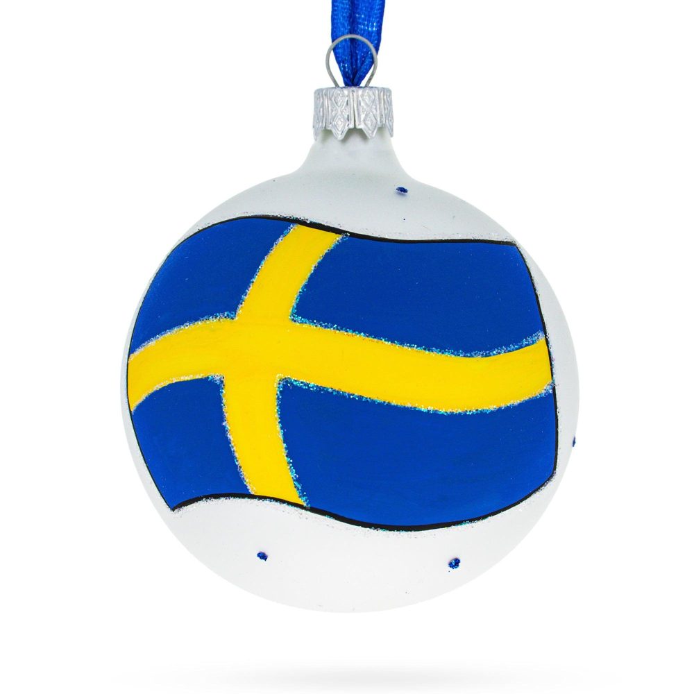 Flag Of Sweden Blown Glass Ball Christmas Ornament 3.25 Inches  |   Flags Flags Flags