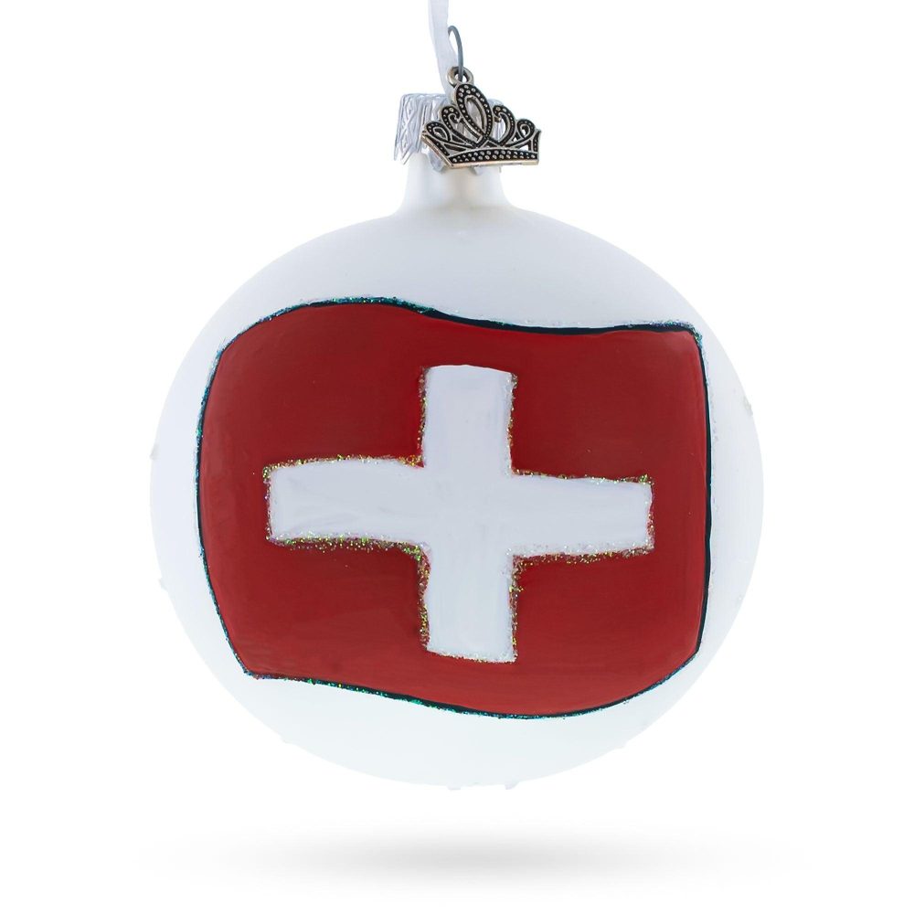 Flag Of Switzerland Blown Glass Ball Christmas Ornament 3.25 Inches  |   Flags Flags Flags