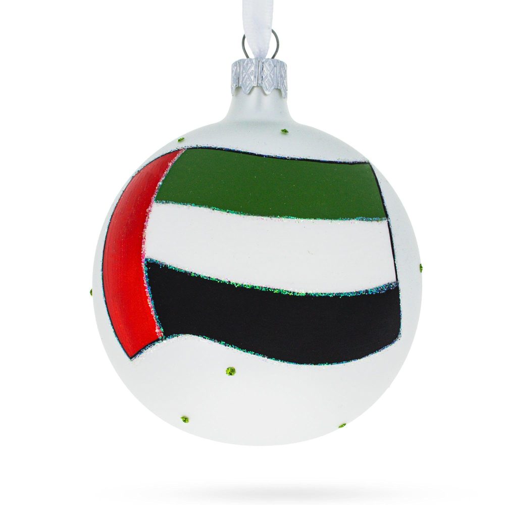 Flag Of United Arab Emirates Blown Glass Ball Christmas Ornament 3.25 Inches  |   Flags Flags Flags