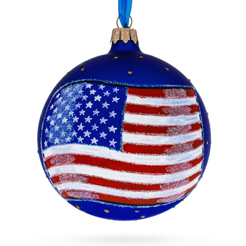 Flag Of United States Of America On Blue Glass Ball Christmas Ornament 4 Inches  |   Flags Flags Flags