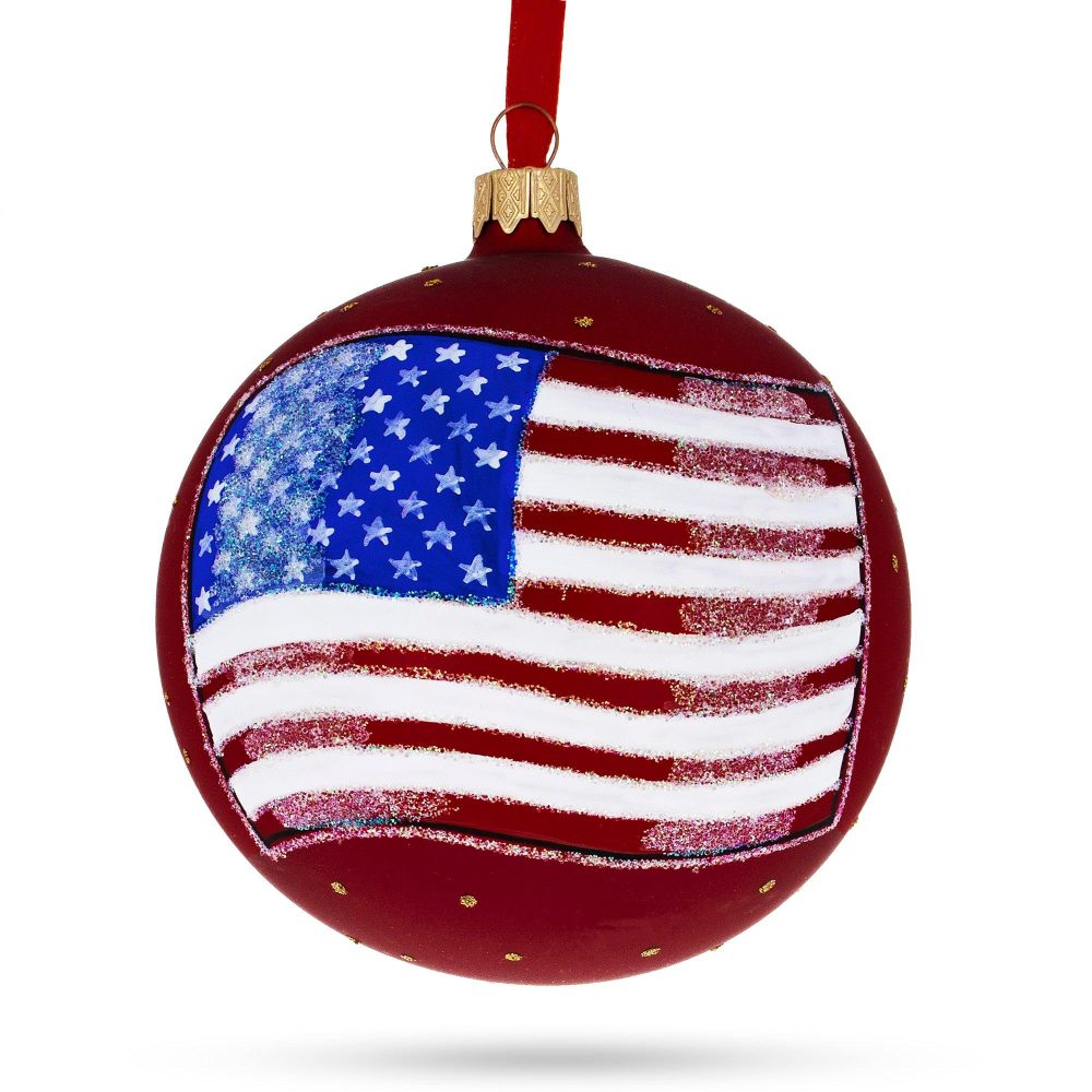 Flag Of United States Of America On Red Glass Ball Christmas Ornament 4 Inches  |   Flags Flags Flags