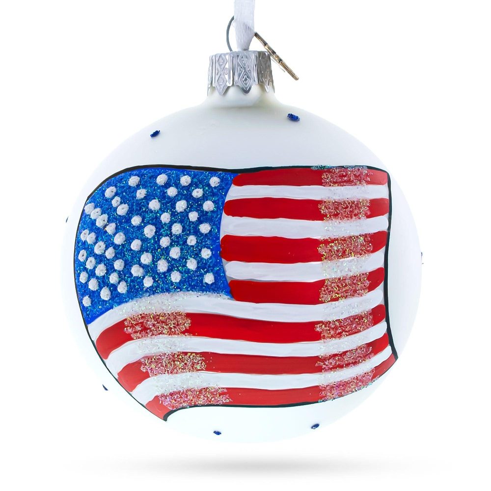 Flag Of United States Of America On White Glass Ball Christmas Ornament 3.25 Inches  |   Flags Flags Flags