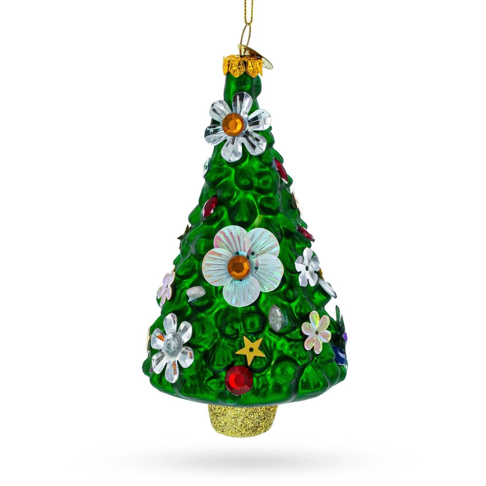 Floral Fiesta: Blossom-Adorned Christmas Tree Glass Ornament  |   Tree Shaped Ornaments Tree Shaped