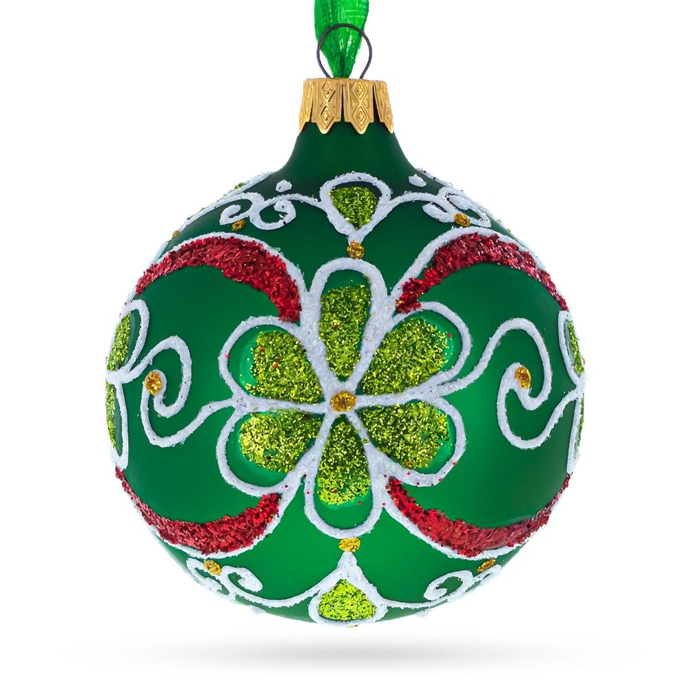 Flowers On Green Blown Glass Ball Christmas Ornament 3.25 Inches  |   Flowers Flowers Flowers