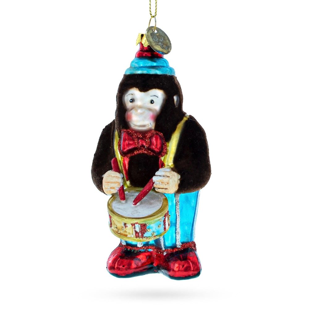 Fluffy Monkey Drumming Blown Glass Christmas Ornament  |   Animals Animals Animals