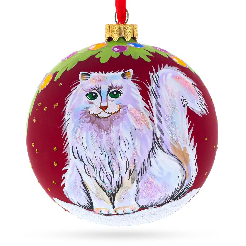 Fluffy White Persian Cat Blown Glass Ball Christmas Ornament 4 Inches  |   Animals Animals Animals