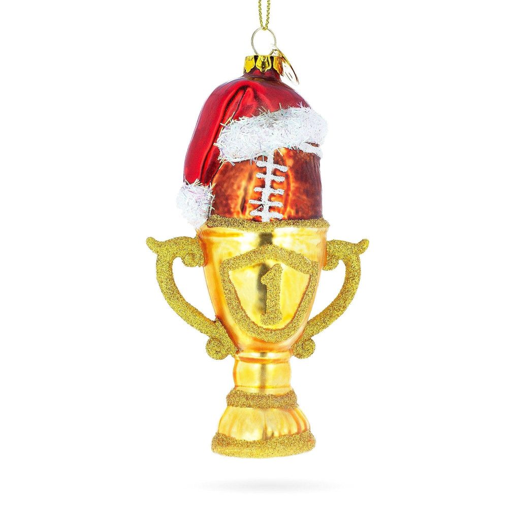 Football Trophy In Santa Hat Blown Glass Christmas Ornament  |   Personalized Ornaments Personalized