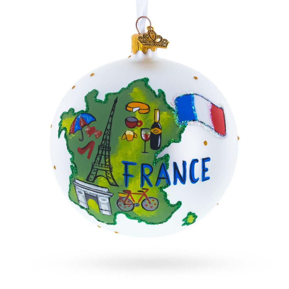 France Map And Symbols Glass Ball Christmas Ornament 4 Inches  |   Travel Ornaments Travel