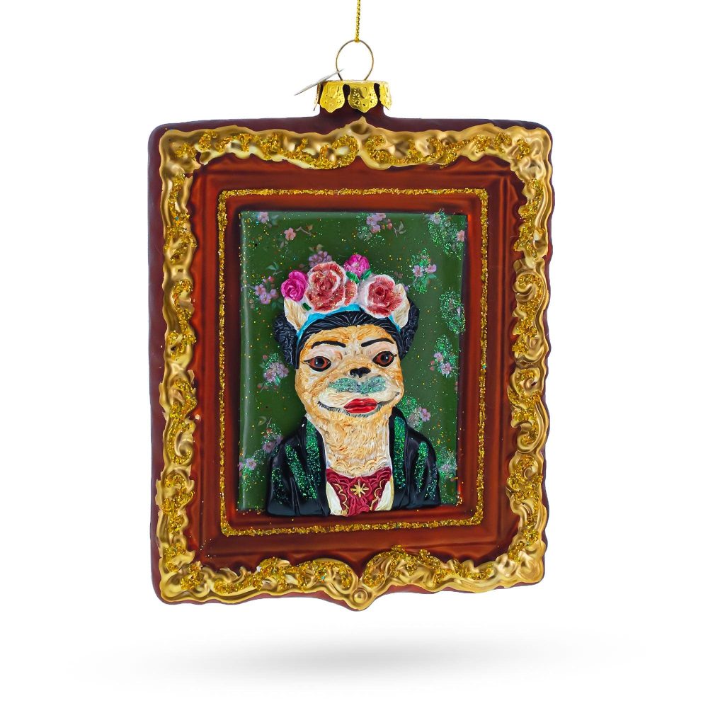 Frida Kahlo Inspired Dog Art Blown Glass Christmas Ornament  |   Animals Animals Animals