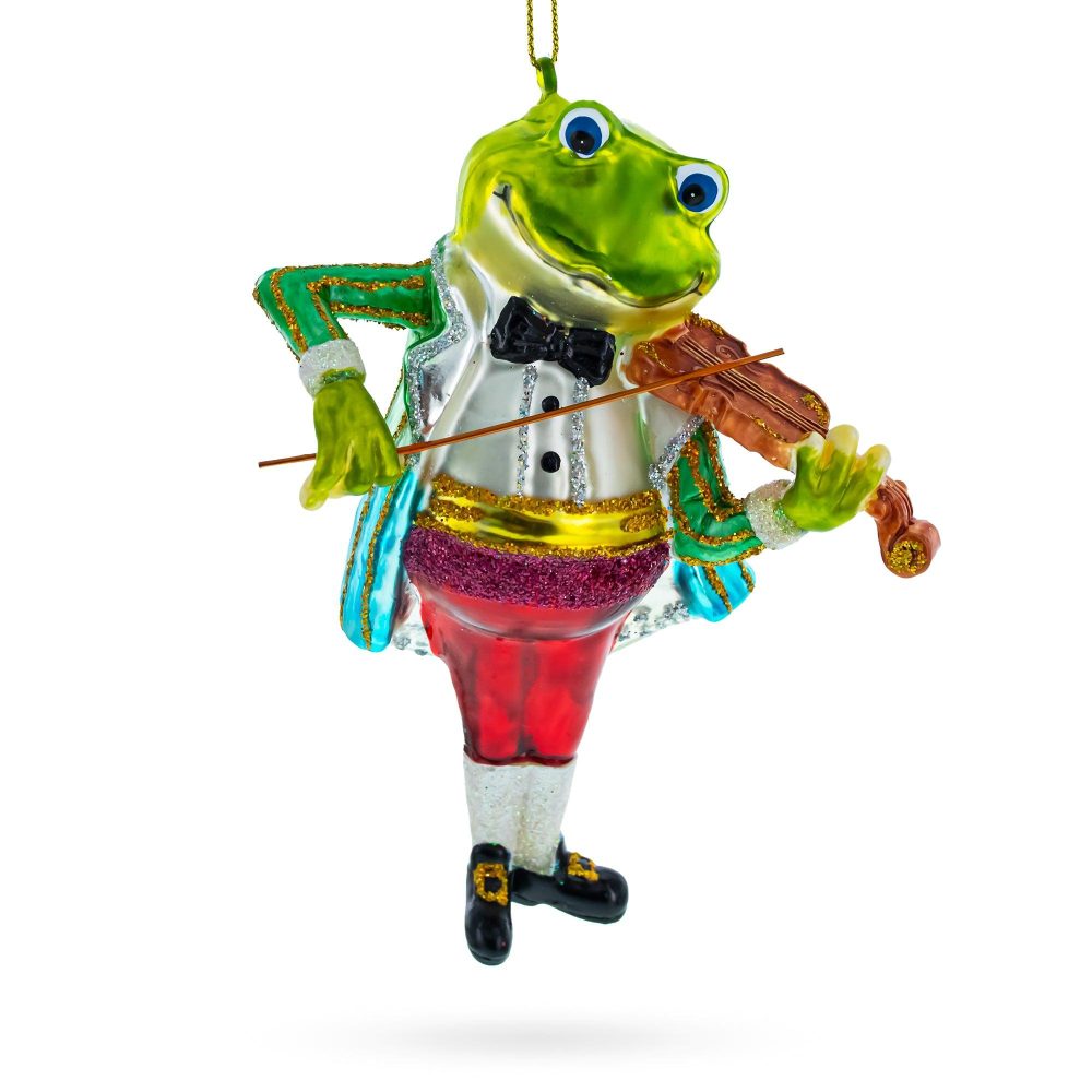 Frog Playing Violin Blown Glass Christmas Ornament  |   Animals Animals Animals