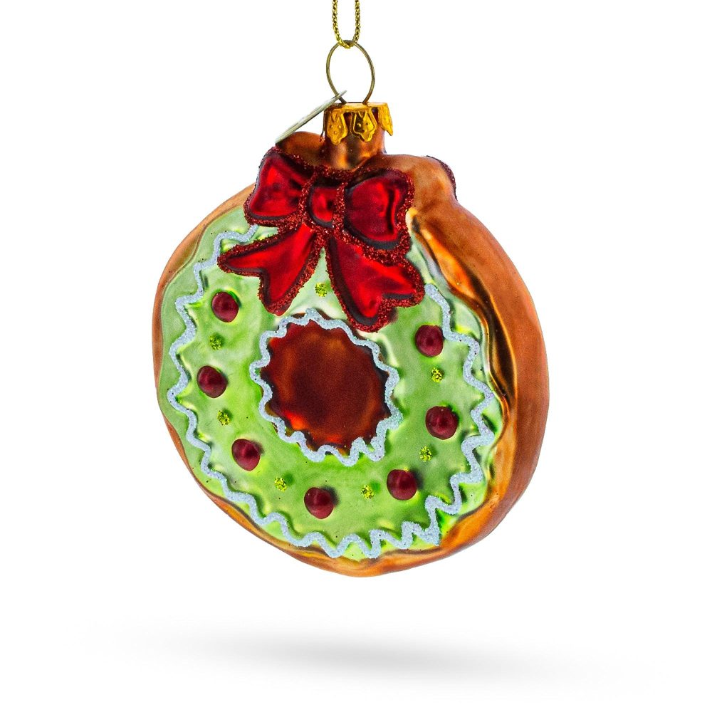 Frosted Green Donut Blown Glass Christmas Ornament  |   Food Food Food