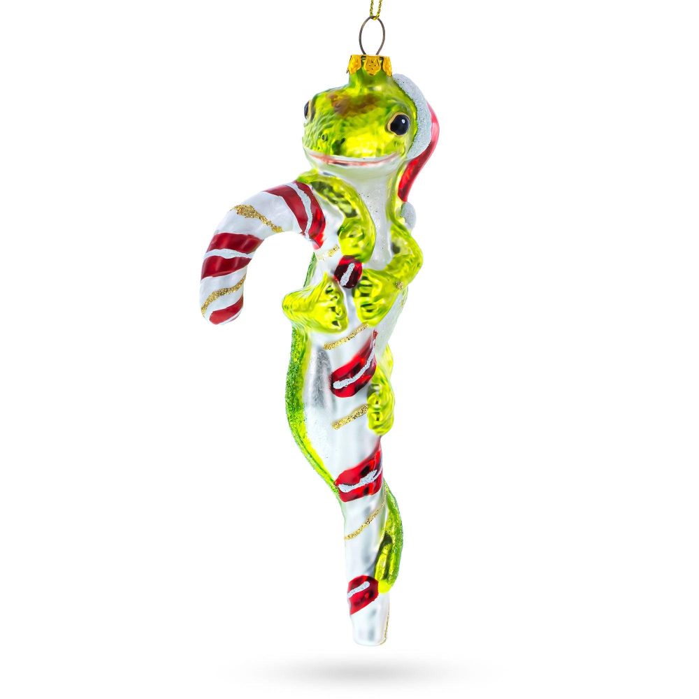 Gecko With Candy Cane Blown Glass Christmas Ornament  |   Animals Animals Animals