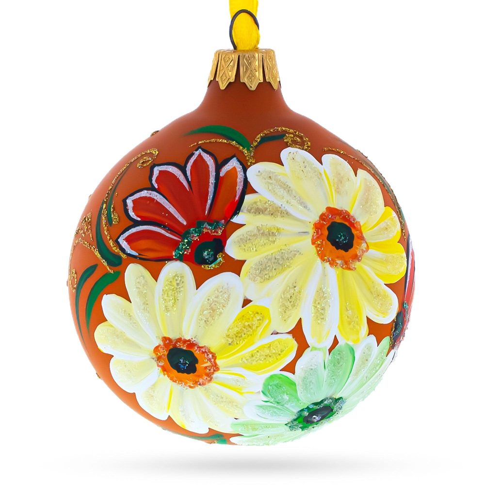 Gerbera Daisies Blown Glass Ball Christmas Ornament 3.25 Inches  |   Flowers Flowers Flowers