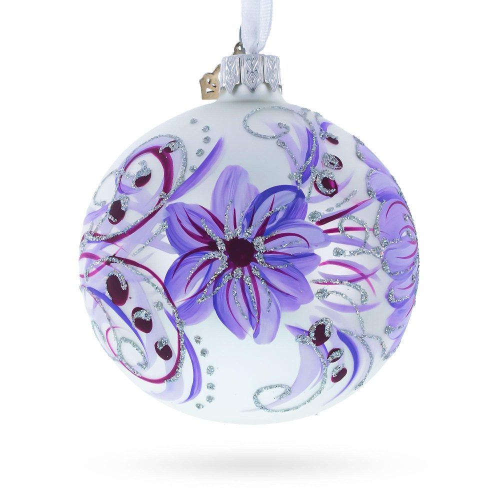 Gerbera Flowers On Purple Blown Glass Ball Christmas Ornament  |   Flowers Flowers Flowers