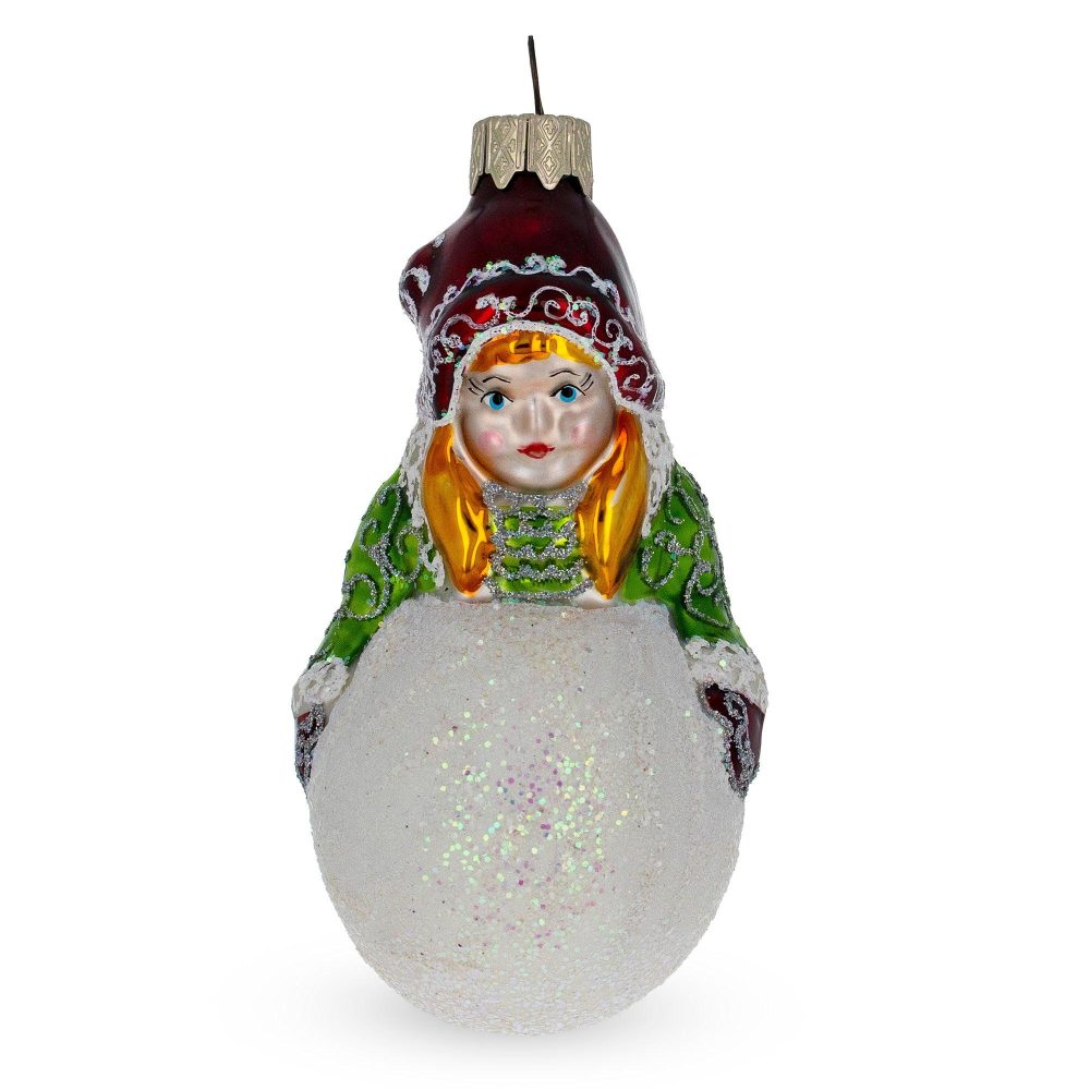 Girl Making A Snowball Mini Glass Christmas Ornament  |   Winter Villages Ornaments Winter Villages