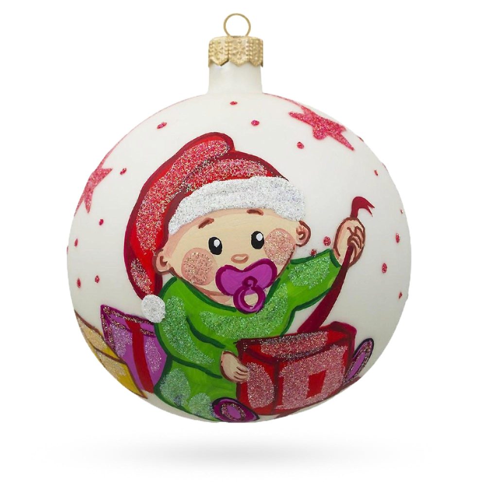 Girl Opening Gift Glass Ball Baby’S First Christmas Ornament 4 Inches  |   Baby Baby Baby