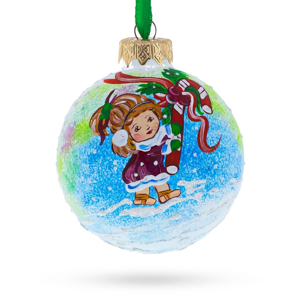 Girl With Candy Cane Blown Glass Ball Christmas Ornament  3.25 Inches  |   Baby Baby Baby