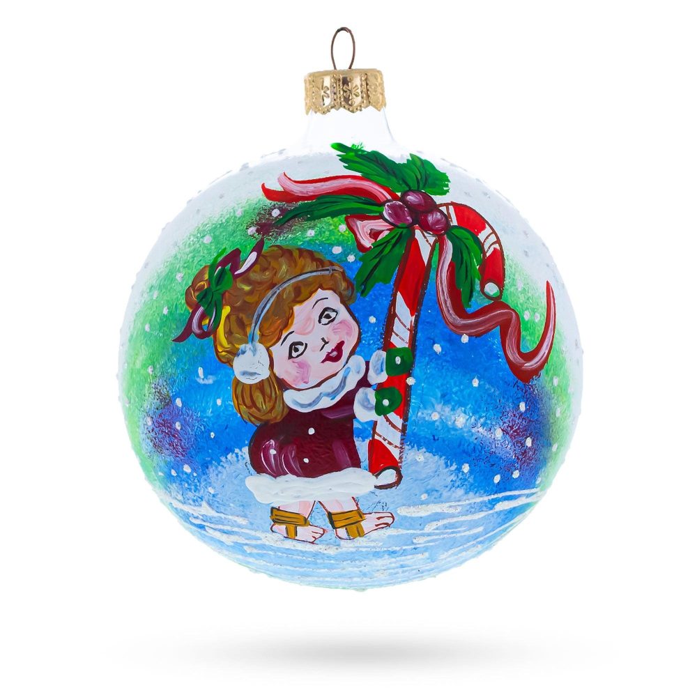 Girl With Candy Cane Blown Glass Ball Christmas Ornament 4 Inches  |   Baby Baby Baby