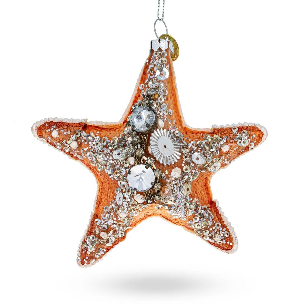 Glistening Glittered Starfish Blown Glass Christmas Ornament  |   Animals Animals Animals