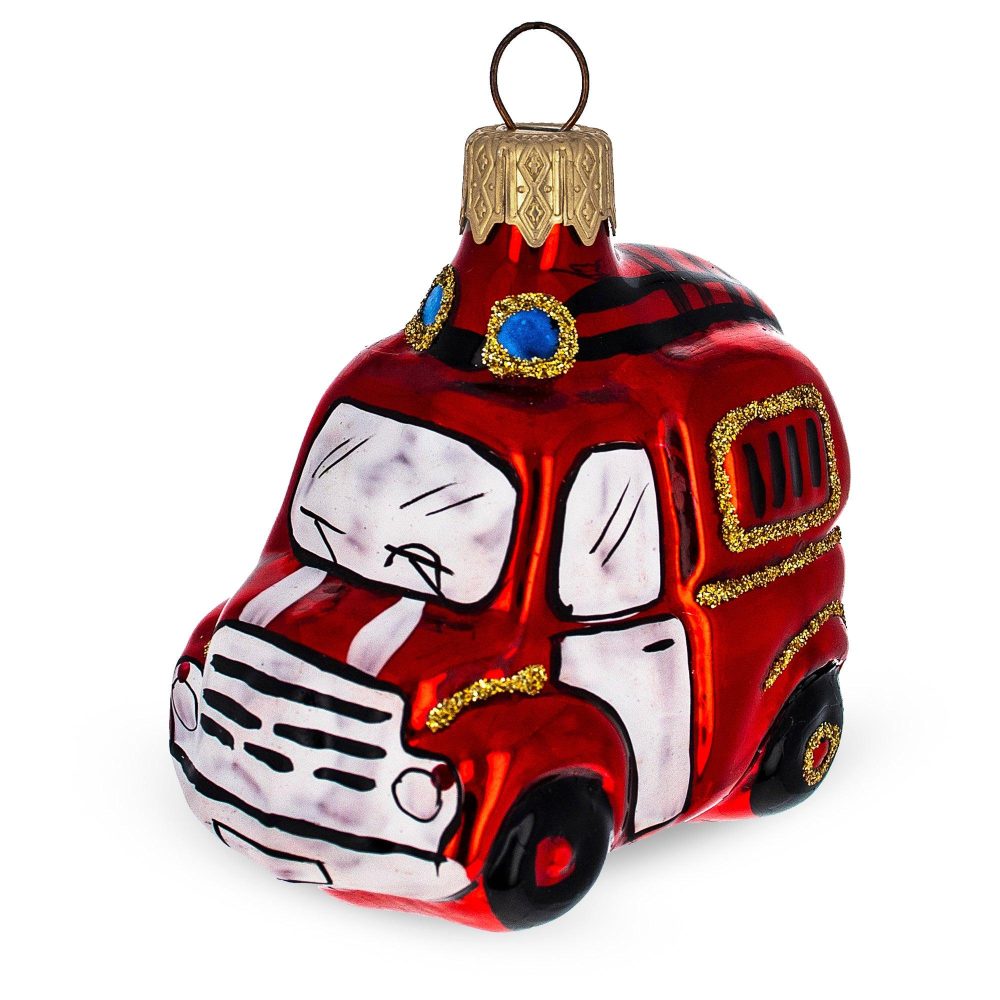 Glittered Fire Truck Mini Glass Christmas Ornament  |   Transportation Ornaments Transportation