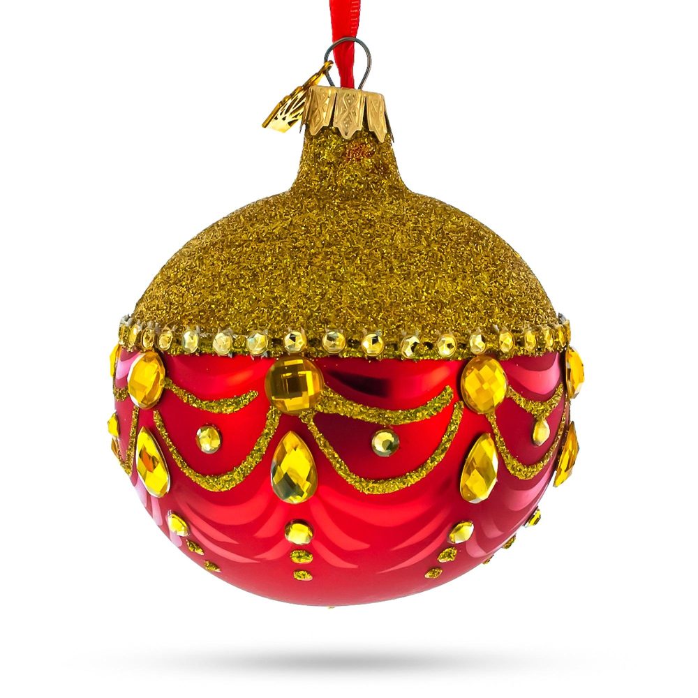 Glittered Golden Top Red Bottom Blown Glass Ball Christmas Ornament 3.25 Inches  |   Couturier Couturier Couturier