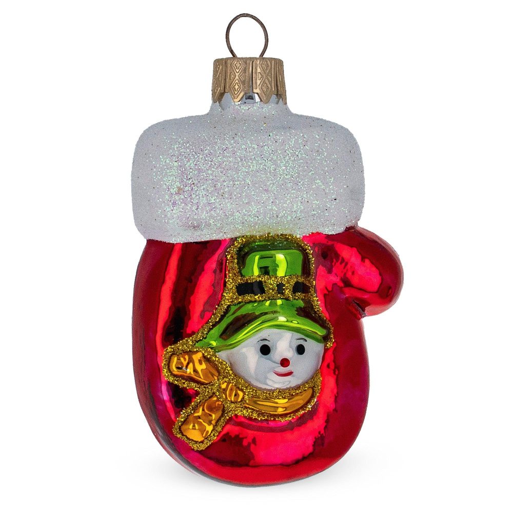 Glittered Mitten With Snowman Mini Glass Christmas Ornament  |   Snowmen Ornaments Snowmen