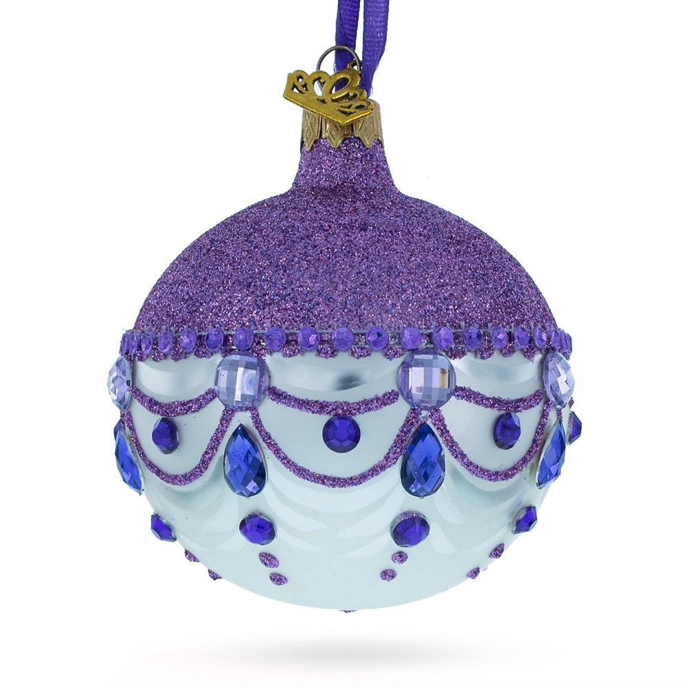 Glittered Purple Top White Bottom Blown Glass Ball Christmas Ornament 3.25 Inches  |   Personalized Ornaments Personalized