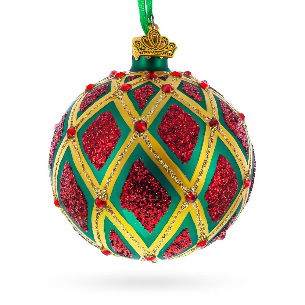 Glittered Red Ikat On Green Blown Glass Ball Christmas Ornament 3.25 Inches  |   Geometrical Geometrical Geometrical