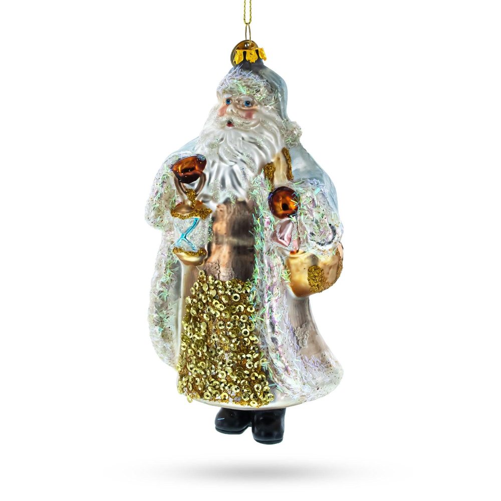 Glittered Santa Holding A Magical Lantern Blown Glass Christmas Ornament  |   Personalized Ornaments Personalized