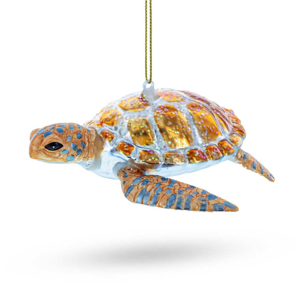 Glittered Turtle Blown Glass Christmas Ornament  |   Animals Animals Animals