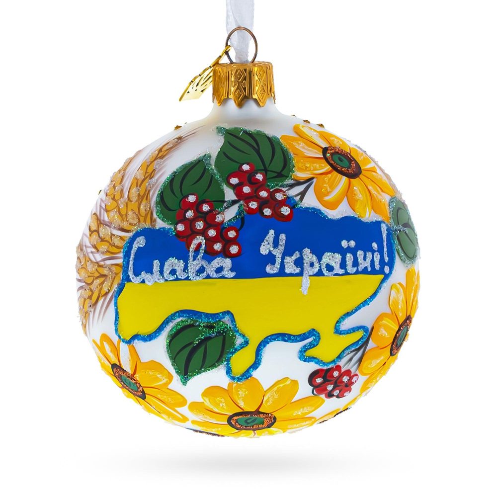 "Glory To Ukraine" National Map Blown Glass Ball Christmas Ornament 3.25 Inches  |   Travel Ornaments Travel