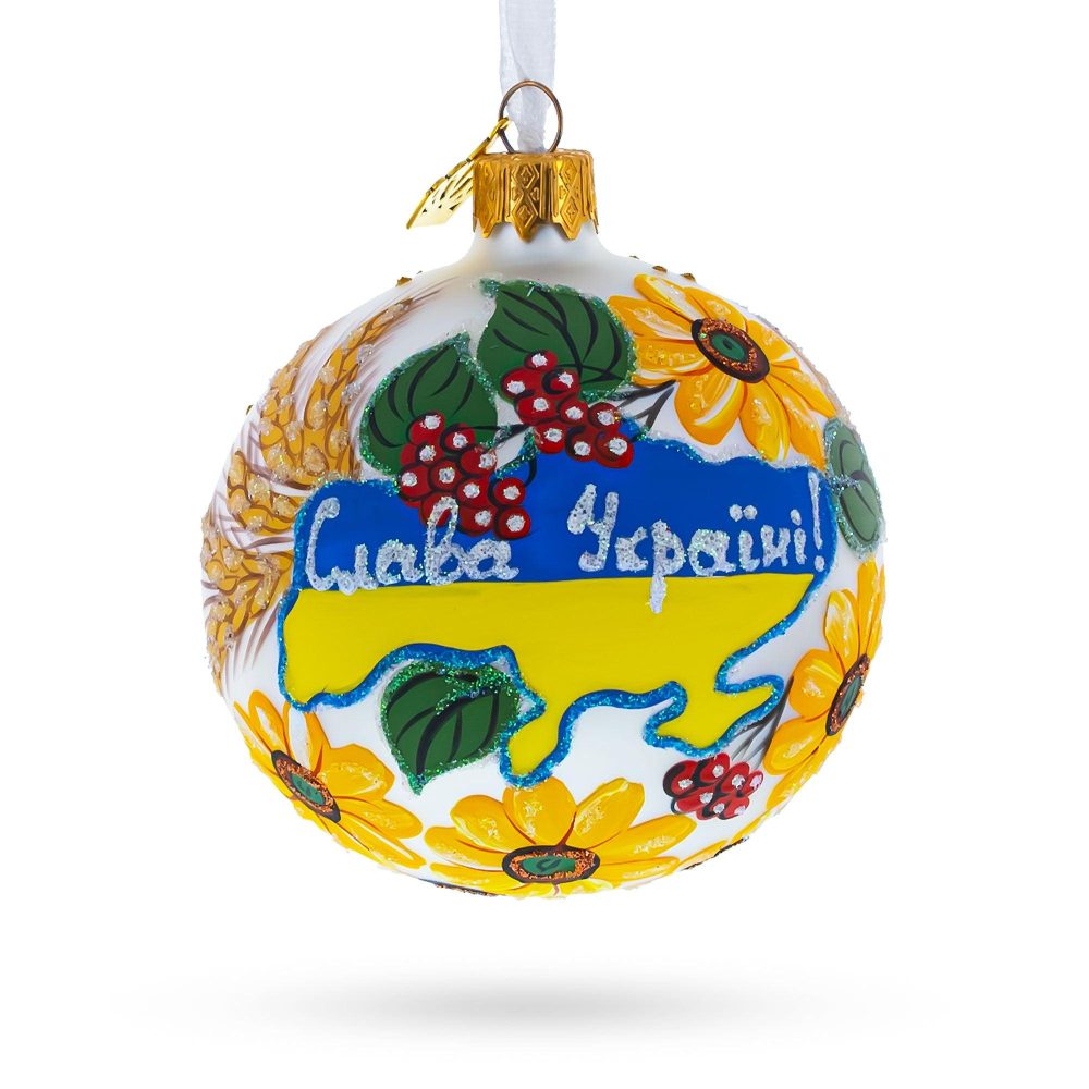 "Glory To Ukraine" National Map Blown Glass Ball Christmas Ornament 4 Inches  |   Travel Ornaments Travel