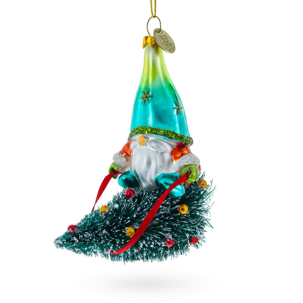 Gnome Adventurer Riding A Festive Tree Blown Glass Christmas Ornament  |   Fairy Tales Fairy Tales Fairy Tales