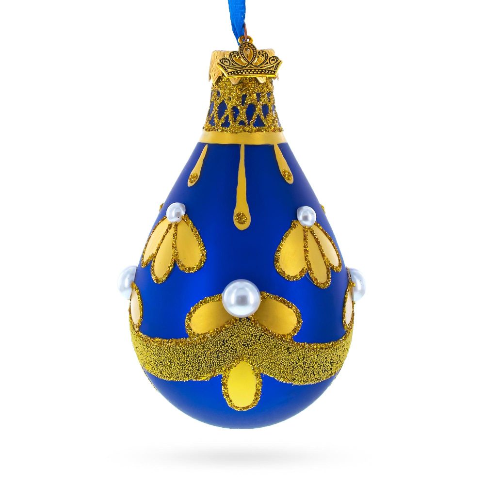 Gold Pattern On Blue Waterdrop Finial Glass Christmas Ornament  |   Finials Finials Finials