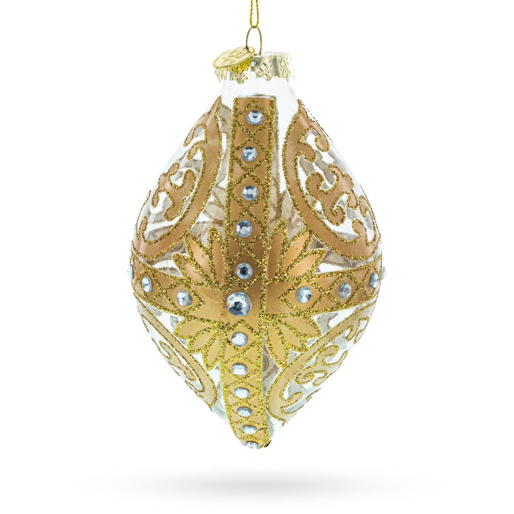 Gold Scroll With Jewel Accents Elegant Rhombus Finial Blown Glass Christmas Ornament  |   Couturier Ornaments Couturier