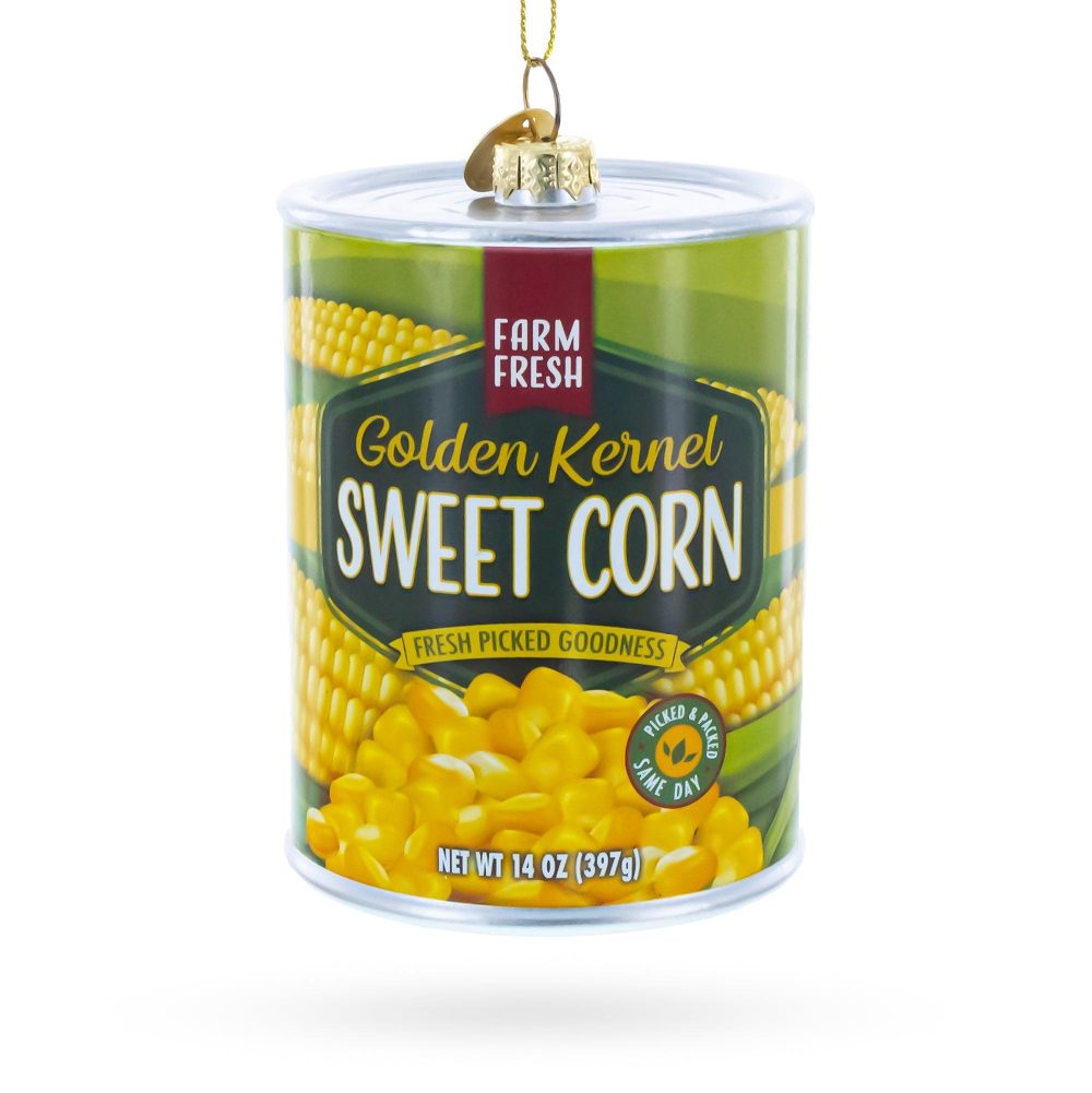 Golden Kernel Sweet Corn Can Blown Glass Christmas Ornament  |   Food Food Food