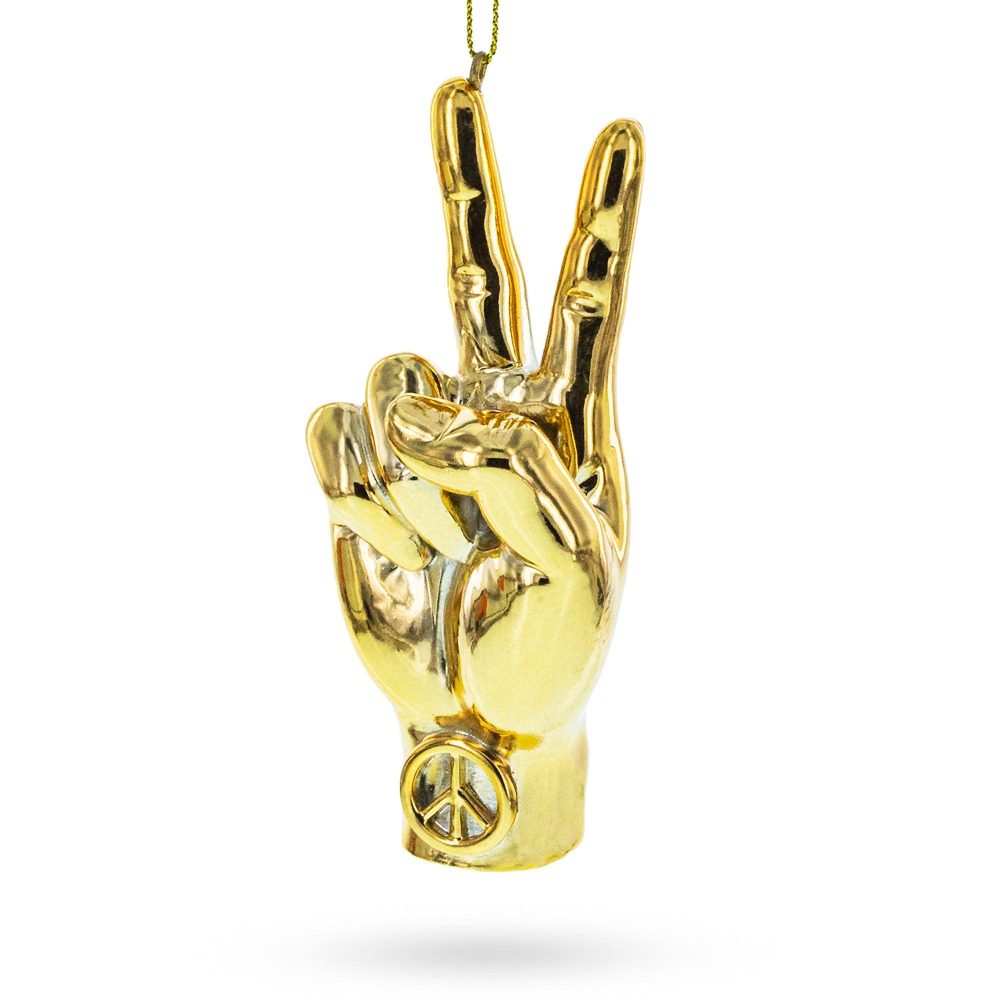 Golden Peace Hand Sign Blown Glass Christmas Ornament  |   Personalized Ornaments Personalized